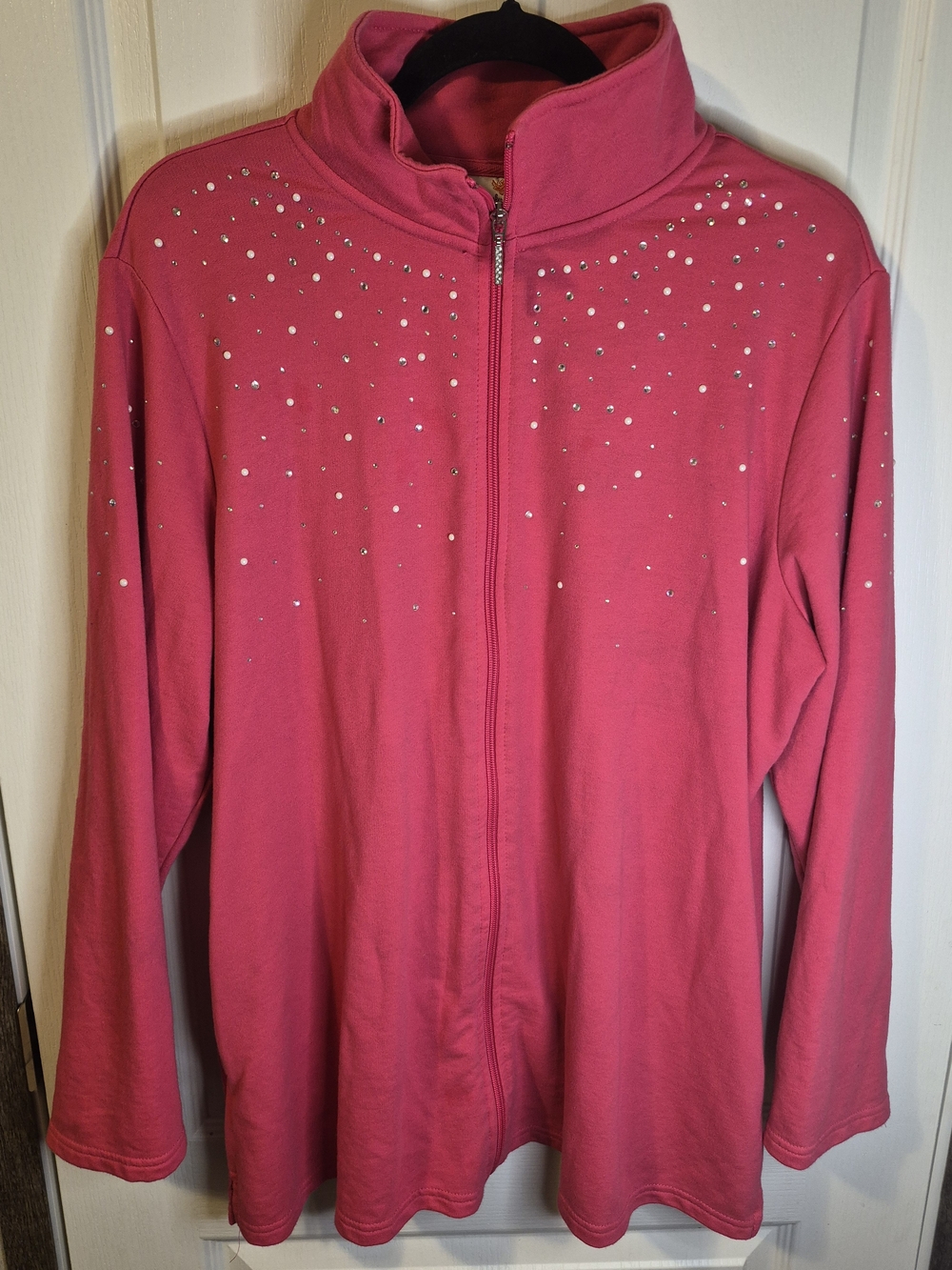 Quacker Factory Pink Zip Up Sweatshirt Sparkle Rhinestone Bling Bead Grannycore